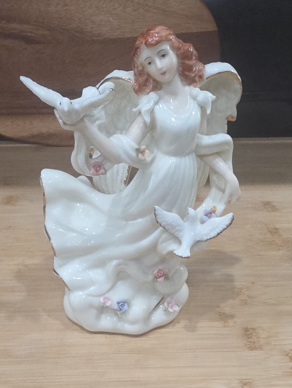 White Porcelain Angel Sculpture with Pink Accents BY Y.H. In Great Condition!